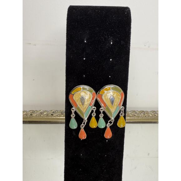 Vintage Rare Silver and Enamel Teardrop Dangle Earrings - Picture 3 of 9